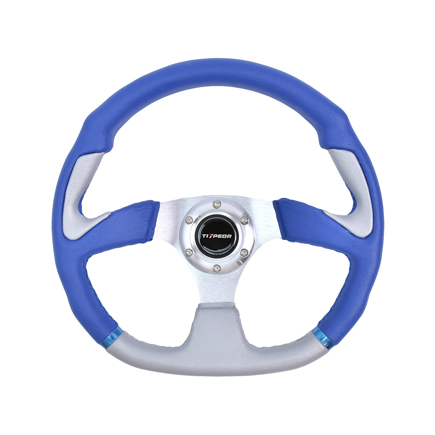 'Blue steering wheel with white spokes - 176x176px focus on detail.'