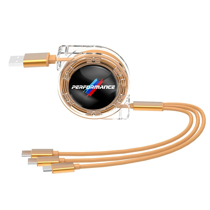 Gold 3-in-1 USB-C charging cable with BMW compatibility.