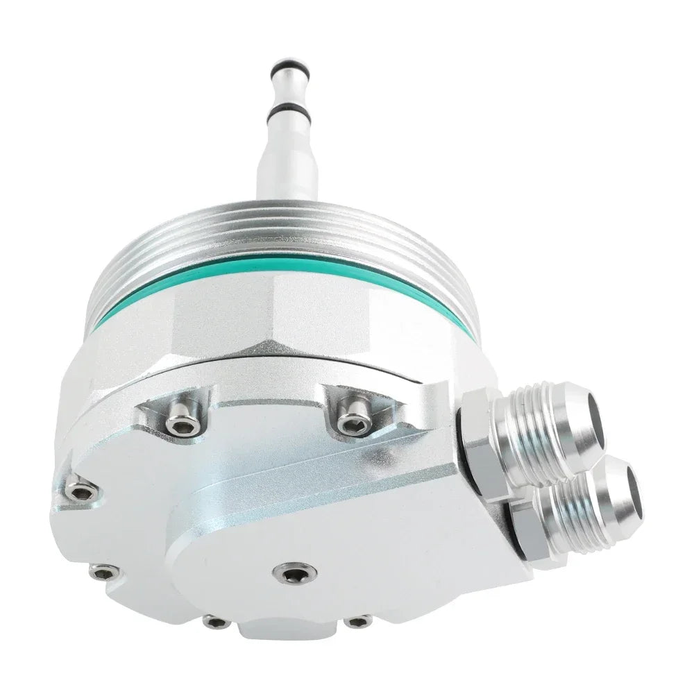 White BMW oil filter cap with cooler ports, featuring a connected green hose.