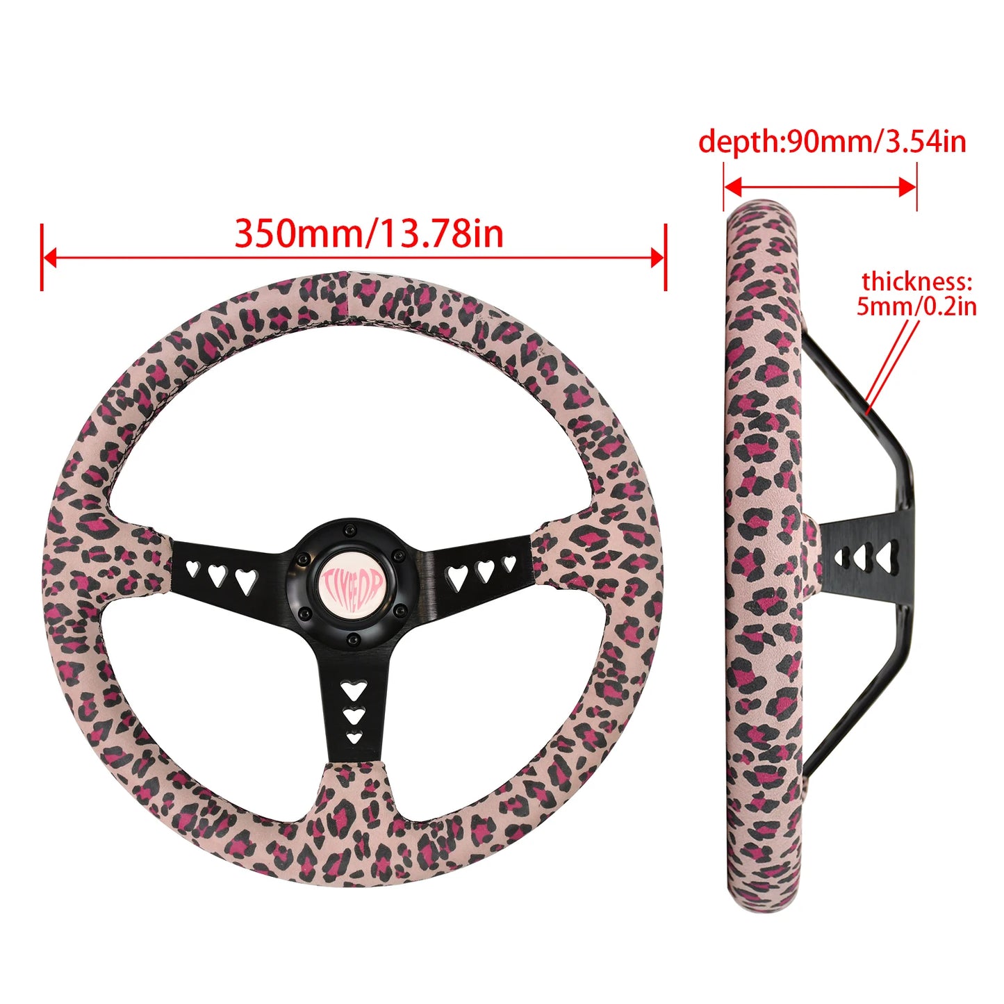 'Tiypeor universal steering wheel with pink heart-shaped support — fits BMW E36. Breathable leather-look material.'