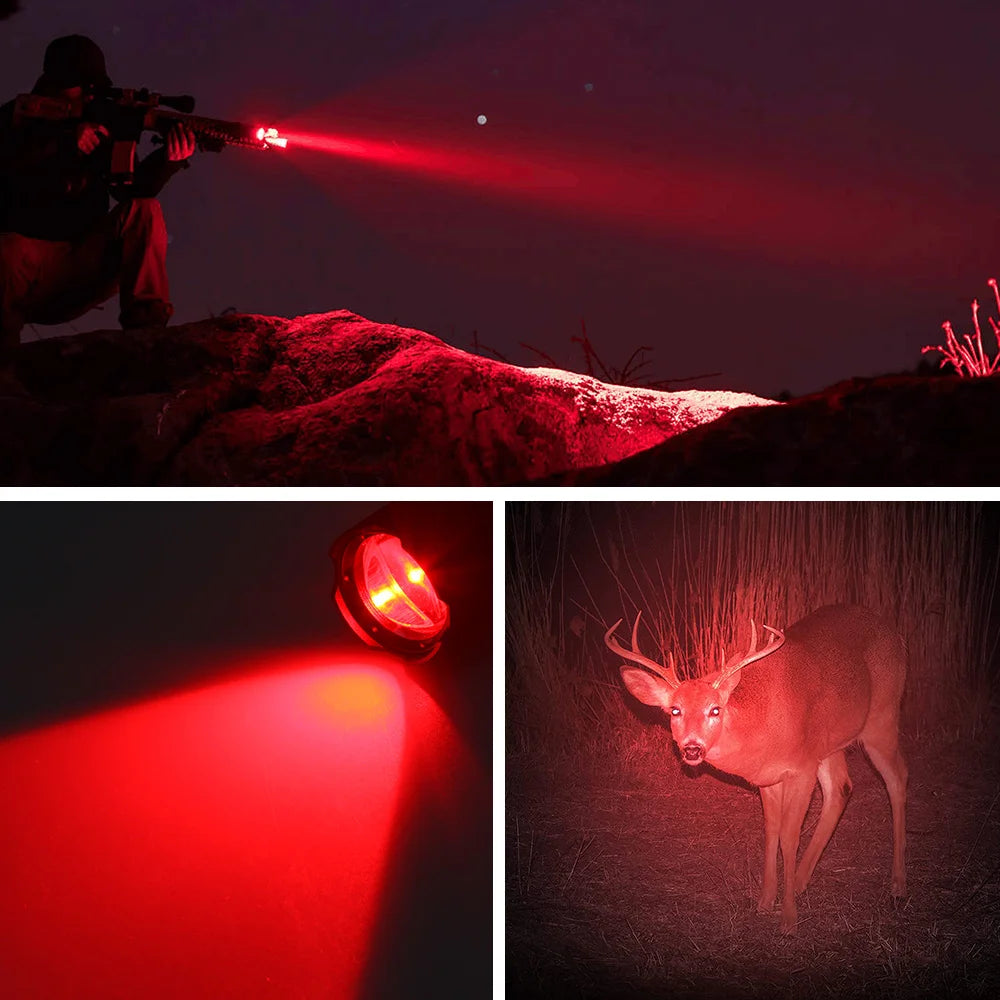 "USB rechargeable T21 flashlight with red light, ideal for hunting and observing deer at night."