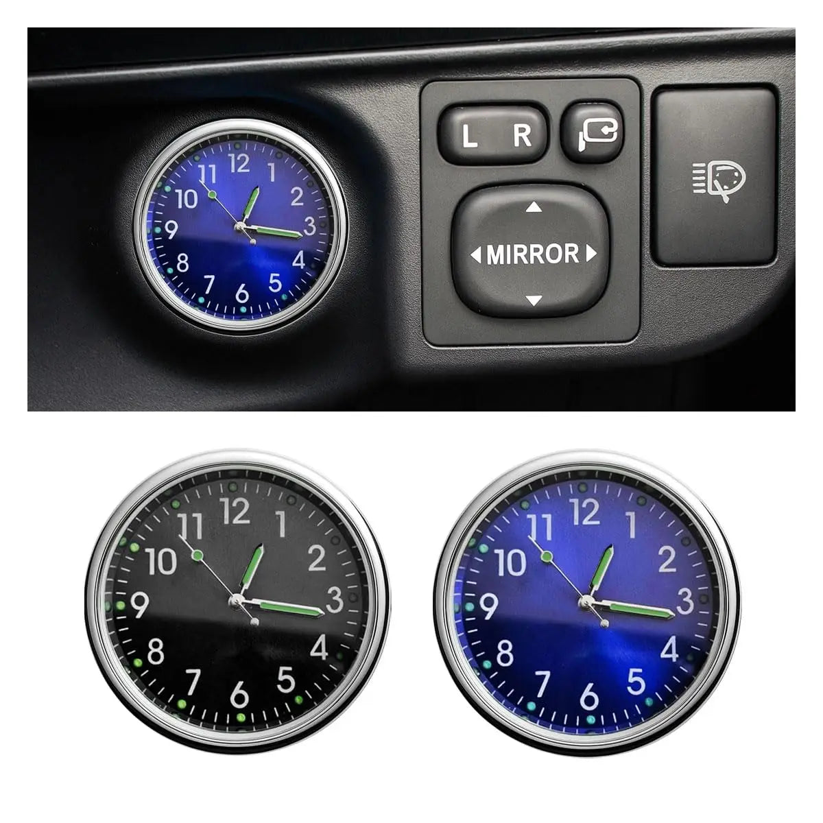 Mini Dashboard Clock: Analog watch for cars, boats, and desks. Stick-on or vent clip mounting options.