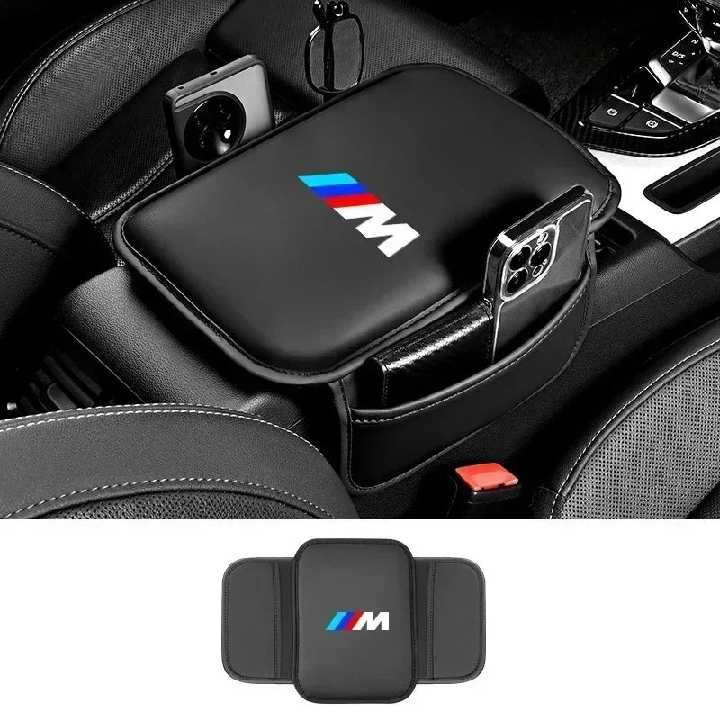 "Universal leather armrest pad for BMW E36, E46 models with BMW M logo embossment."