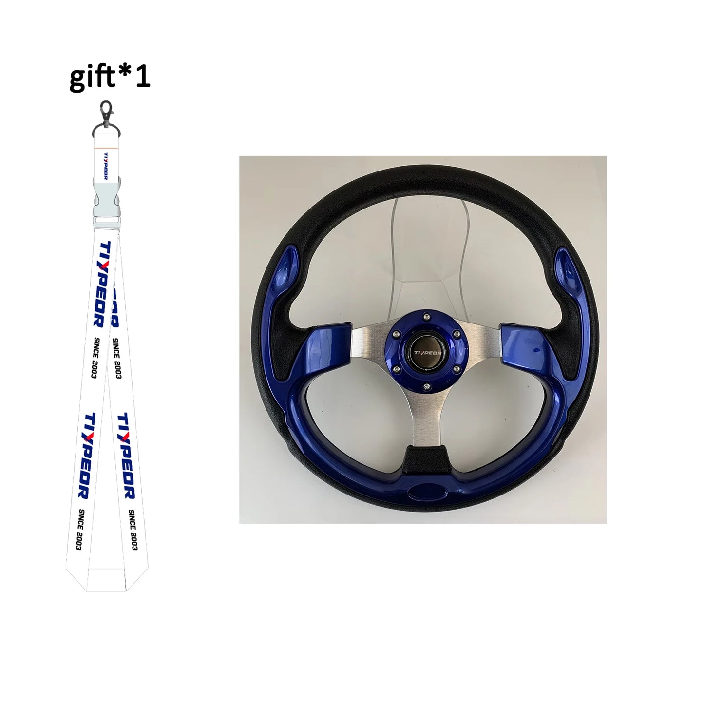 Universal Fit 13" racing-style steering wheel in blue and black.