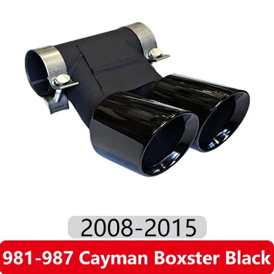 Black Dual Outlet Exhaust Tip on white background for Porsche Cayman and Boxster models (987/981/718) from 2009-2024.
