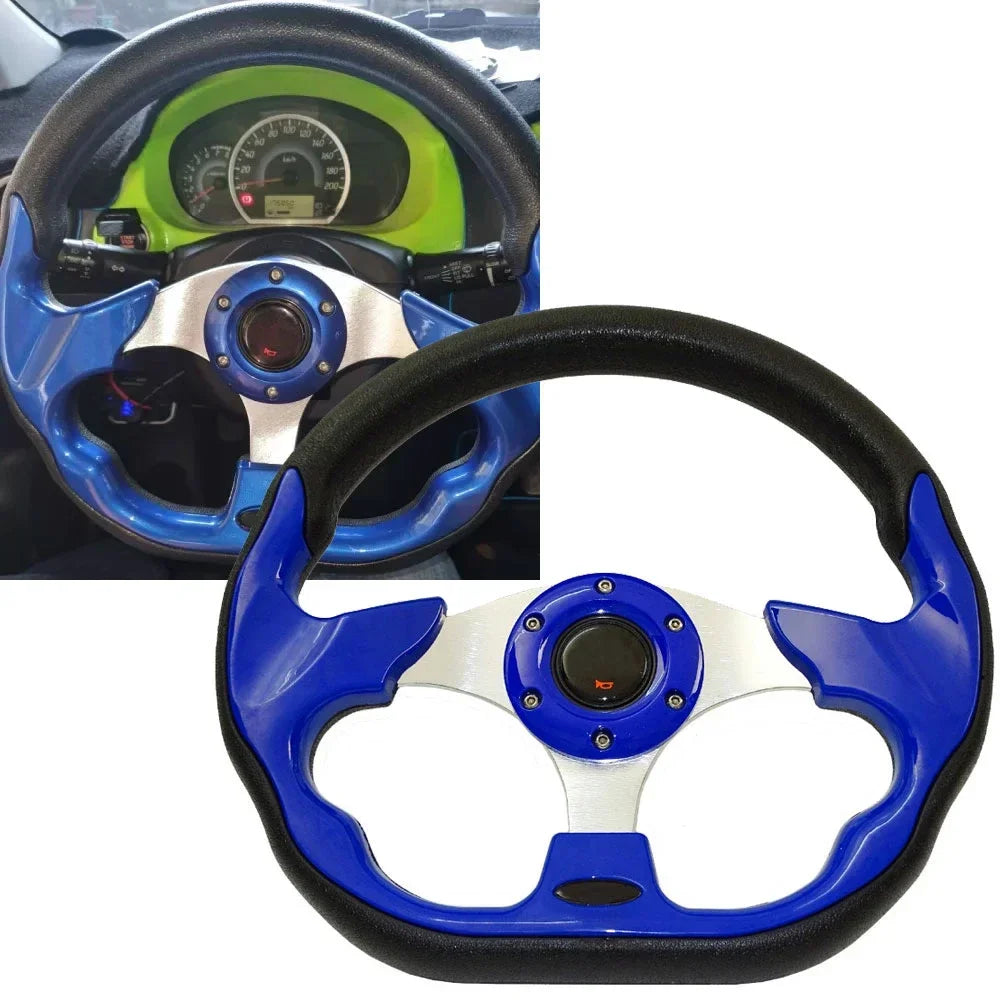 Universal 13-inch racing steering wheel with blue and white PU and aluminum trim.