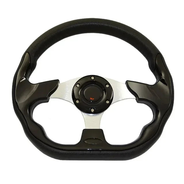"13-inch universal racing wheel with black PU grip and aluminum rim."