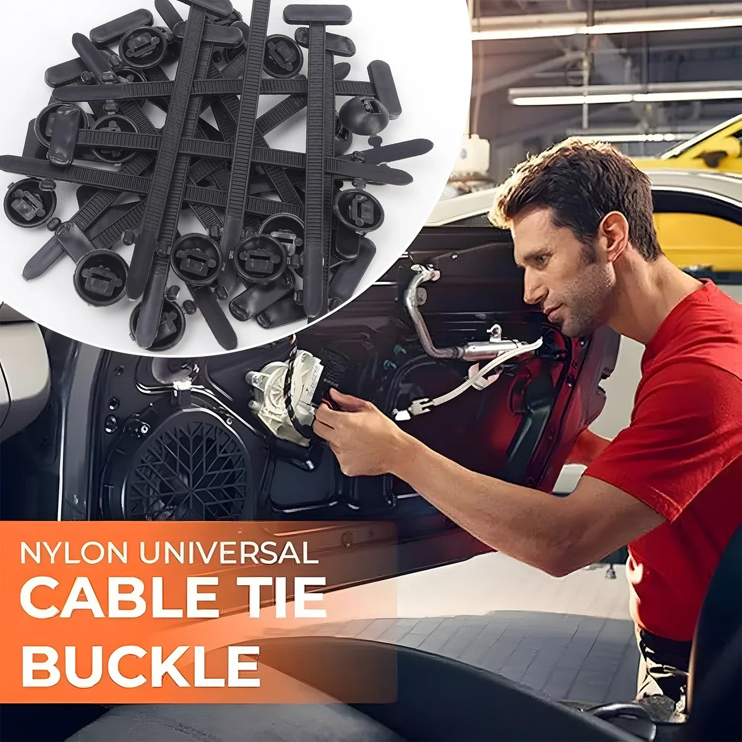 Man working on wheel with nylon cable tie tool — auto fastener replacement clip for screw fixes. Fits 500/1pcs. Car maintenan