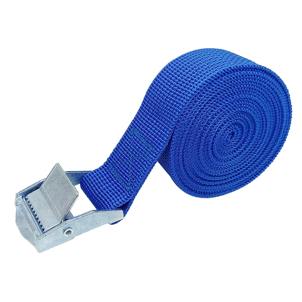 Blue webbed cargo strap with metal buckle. Heavy-duty design for securing various items.