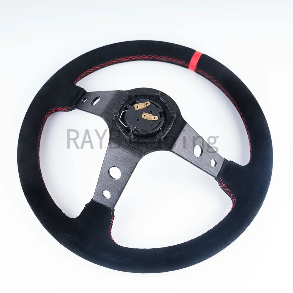 "Universal 14-inch deep corn racing steering wheel with suede/PVC/PU grip and aluminum frame, labeled 'Drift Sport Style' for