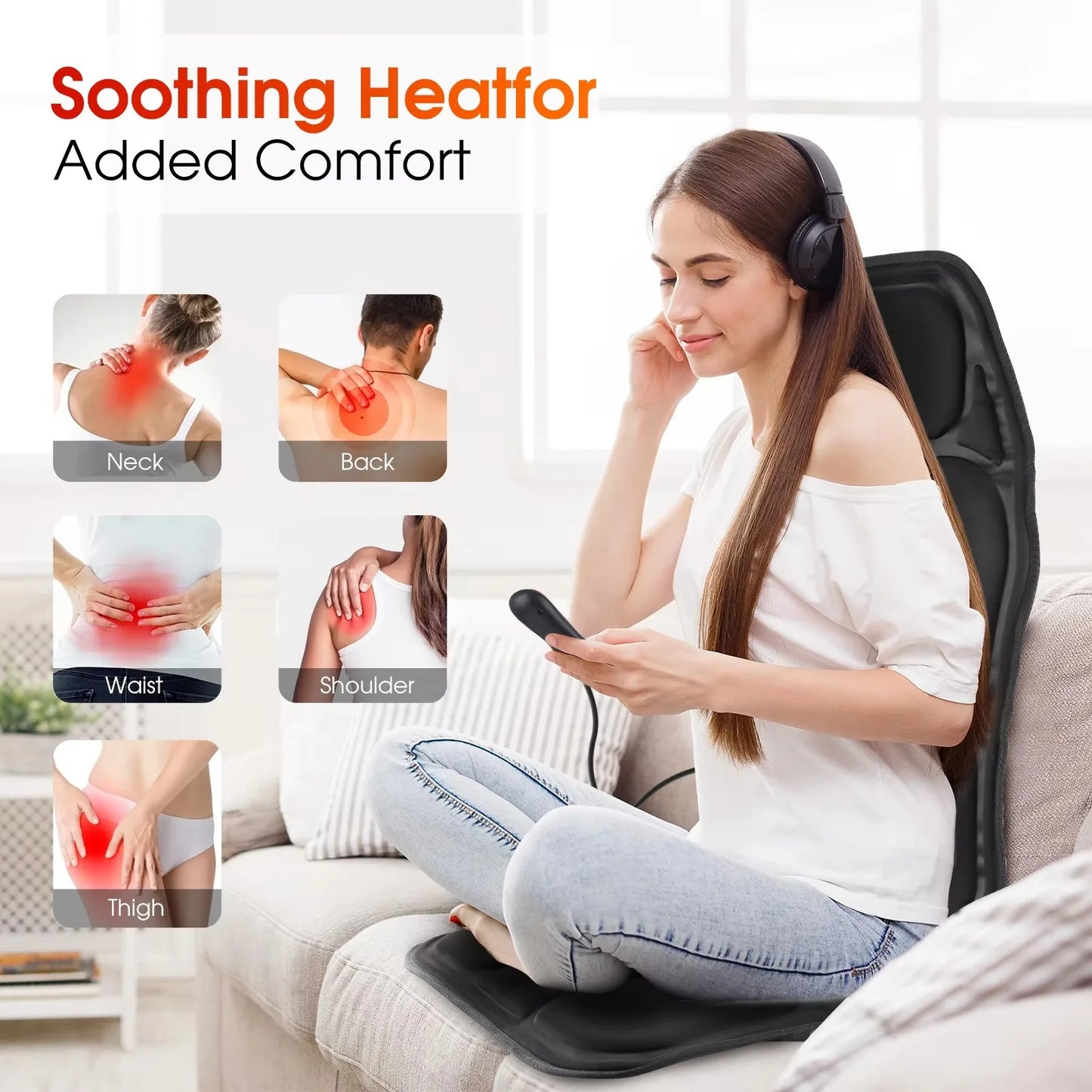 Woman seated with phone, using heated massage cushion with adjustable lumbar and nine modes. Product not shown.