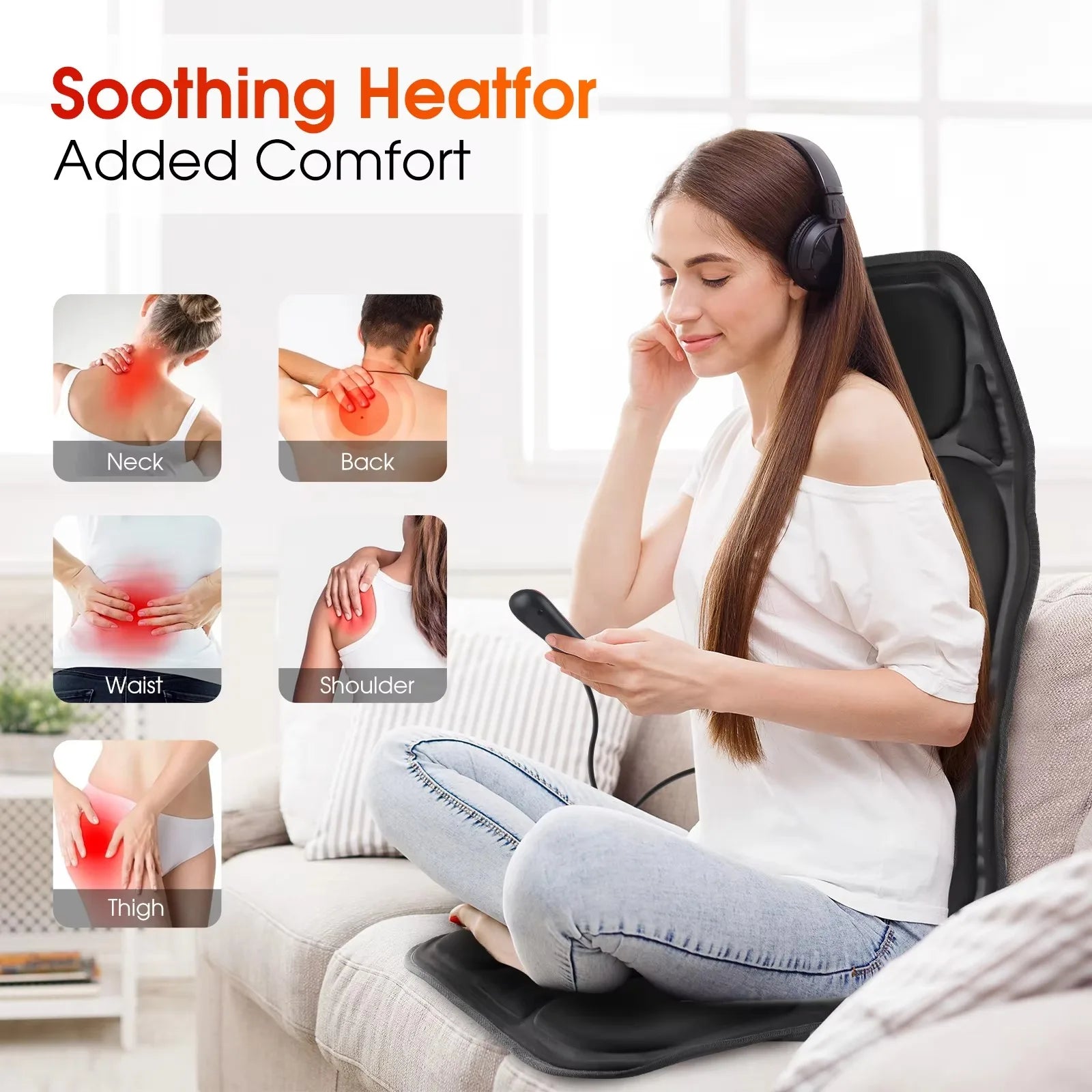 Woman seated with phone, using heated massage cushion with adjustable lumbar and nine modes. Product not shown.