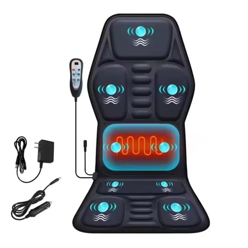 Heated massage cushion with adjustable lumbar and 9 modes. Remote-controlled for comfort customization. Ideal for cars or off