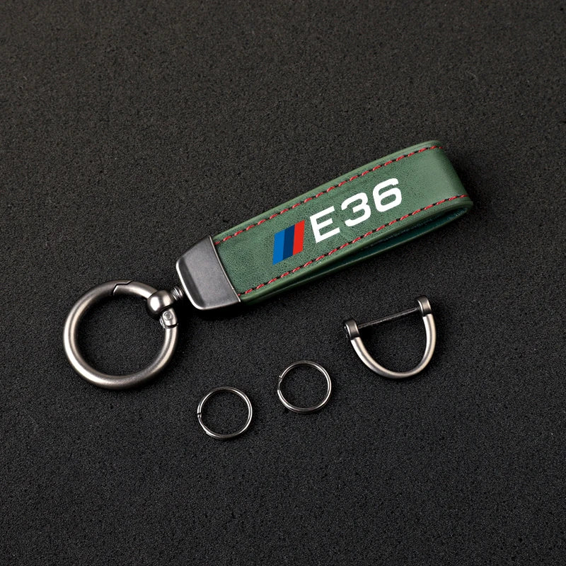 "BMW logo leather keychain in green for E36, E39, and E46 models"