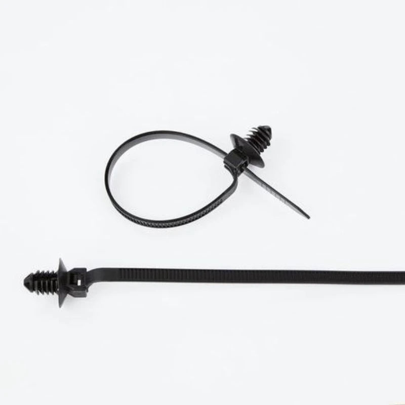 Black nylon cable tie with white push-mount on nylon harness head. Universal thread fit. Professional organization tool. 50pc