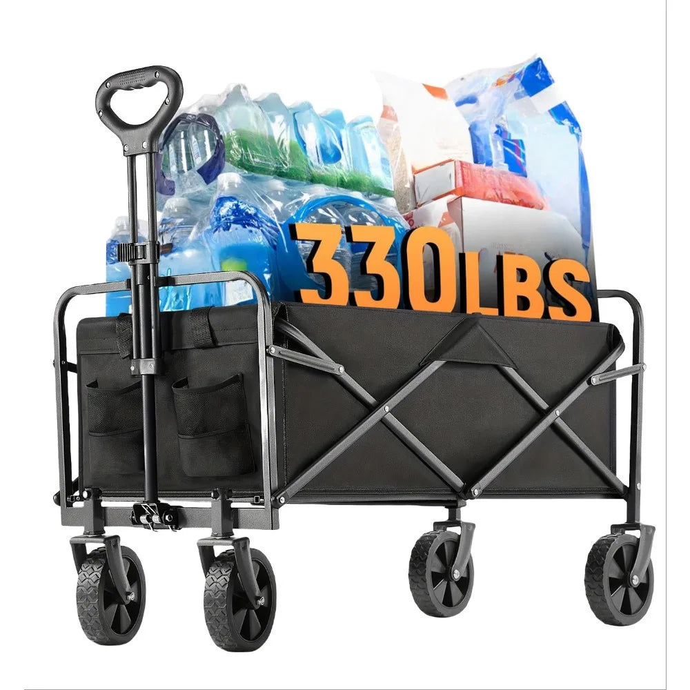 Black folding wagon cart with max load capacity. All-terrain design for outdoor use—ideal for hauling gear or waste managemen
