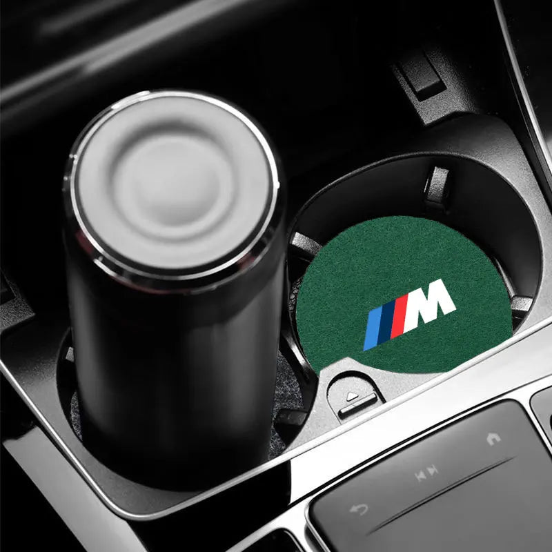 "BMW E36 E46 Non-Slip Felt Car Cup Holder Coasters featuring embedded BMW M logo."