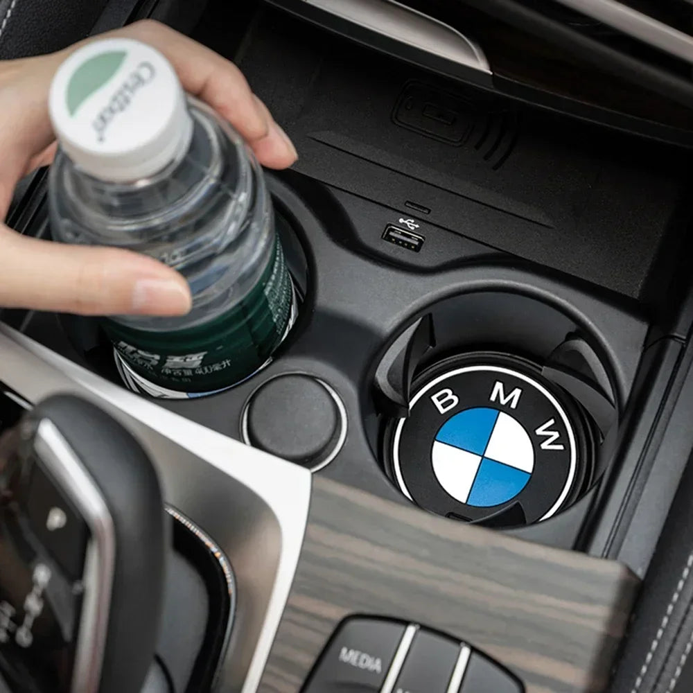 BMW M logo coasters in car cup holder set - 2 pieces. No bottle included.