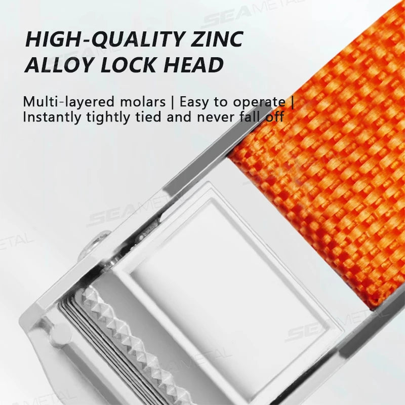 "3m/4m/6m Zinc Alloy Cargo Strap with Pressure Buckle. Durable insulated strap for securing luggage or roof racks."