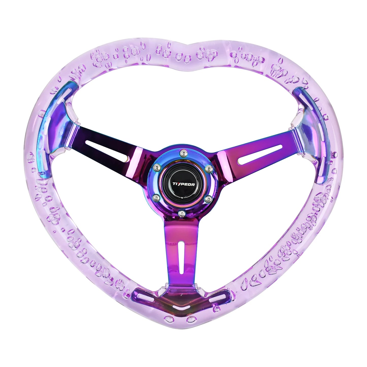 '350mm universal acrylic heart wheel in multi-color. Main body: Purple. Rim: Two-tone Blue/Purple.'