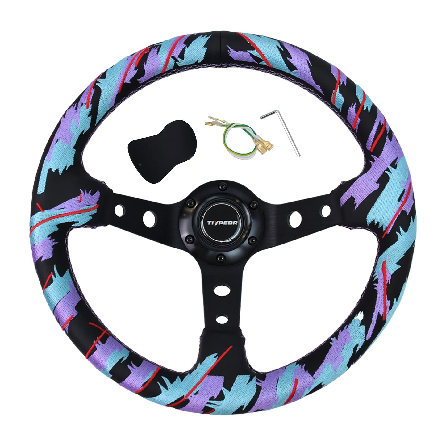 "320mm universal drift-style sim racing steering wheel with vibrant pattern."