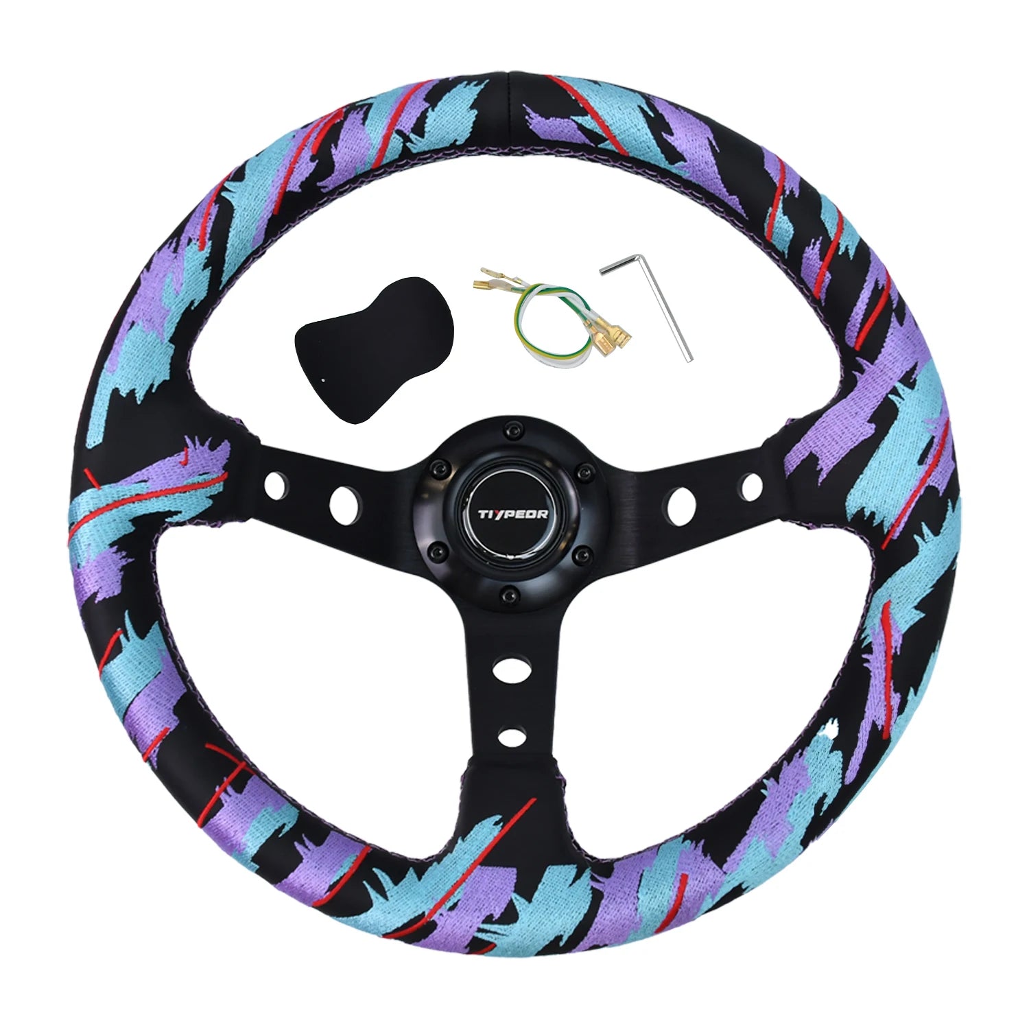 "320mm universal drift-style sim racing steering wheel with vibrant pattern."