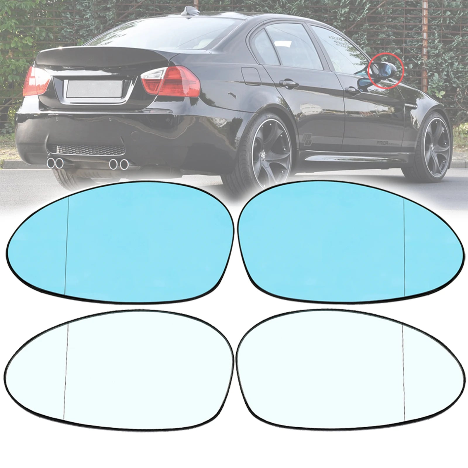 Two BMW E46, E90, E91, E87, and E88 rearview mirror glass sets. Replacement for damaged parts.
