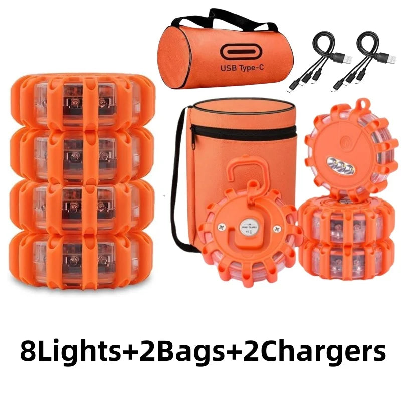 Set of 6 USB-recharged orange road flares in carrying bag.