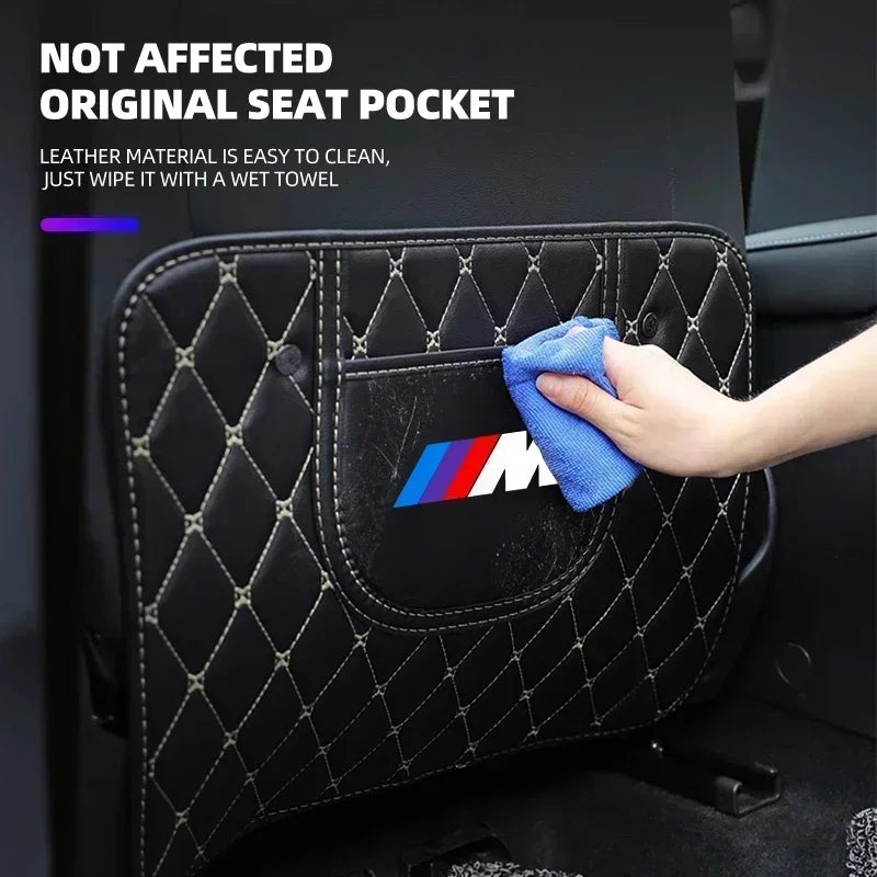 Protective seat back pad for BMW E36, E39, E46 models. Enhances comfort and prevents wear on upholstery from kicks. Diamond t