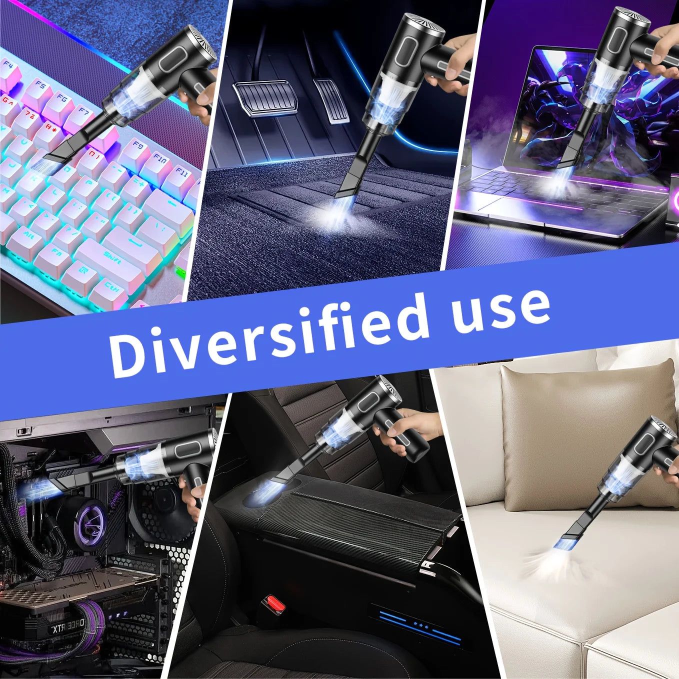 'Car interior cleaning tools: mini USB vacuum, brushes, and scrapers — perfect for detailing cars, home, or office.'