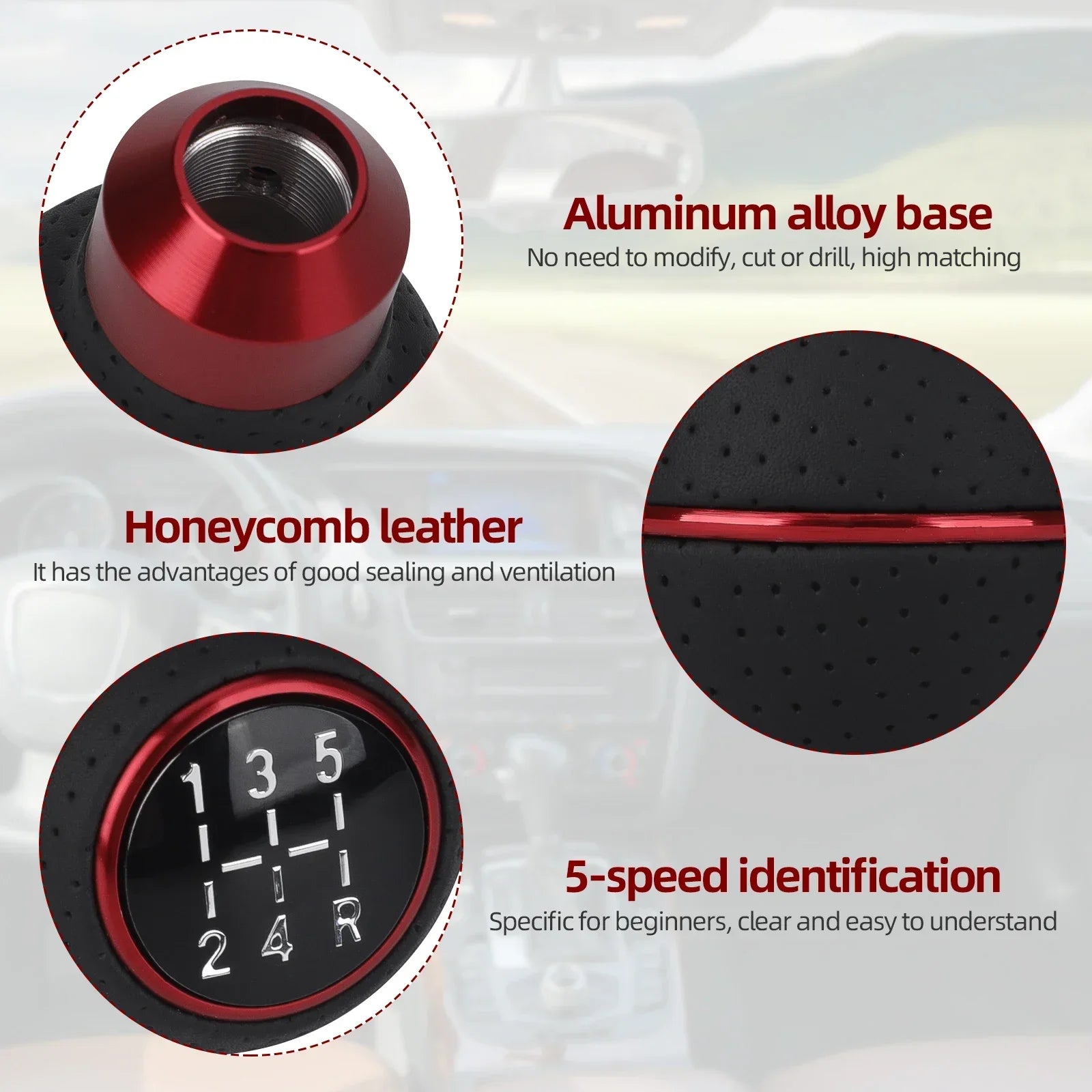 Aluminum gear knob - fits M8/M10/M11/M12. Universal car applications. Premium fit, sleek design. Product: 5-Speed Shift Knob.