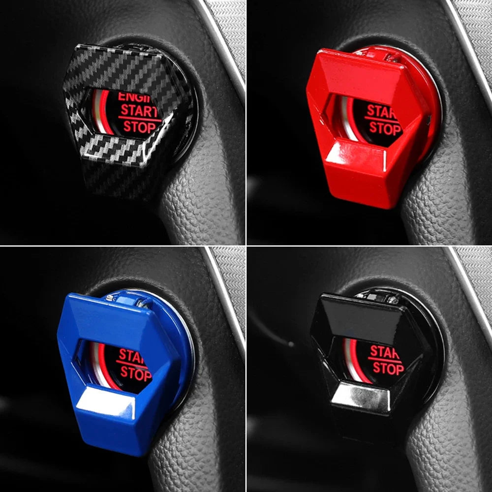 'Decorative button cover set — fits one car engine start/stop switch. Includes four color options.'