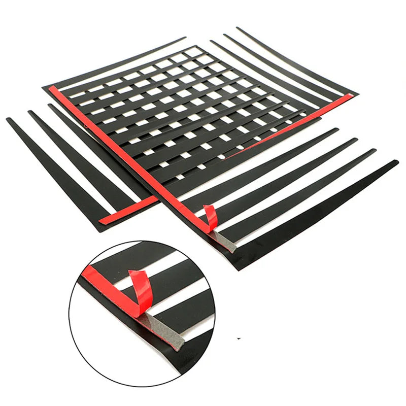 Black/Red false eyelashes for car headlights — pack of 2 on plastic tray against white backdrop. Product measurement info if 
