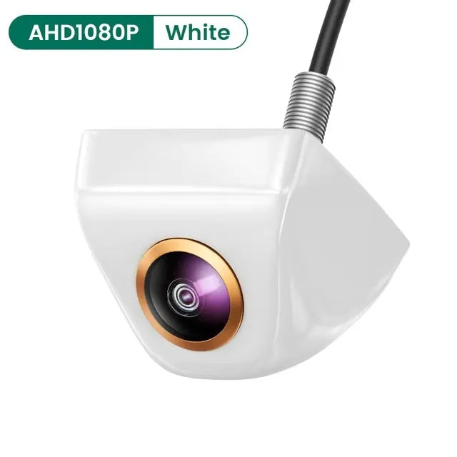 'Car rear view camera: 170° fisheye, AHD/CVBS, 1920x1080/720p. White body with gold-black lens. Wireless installation.'