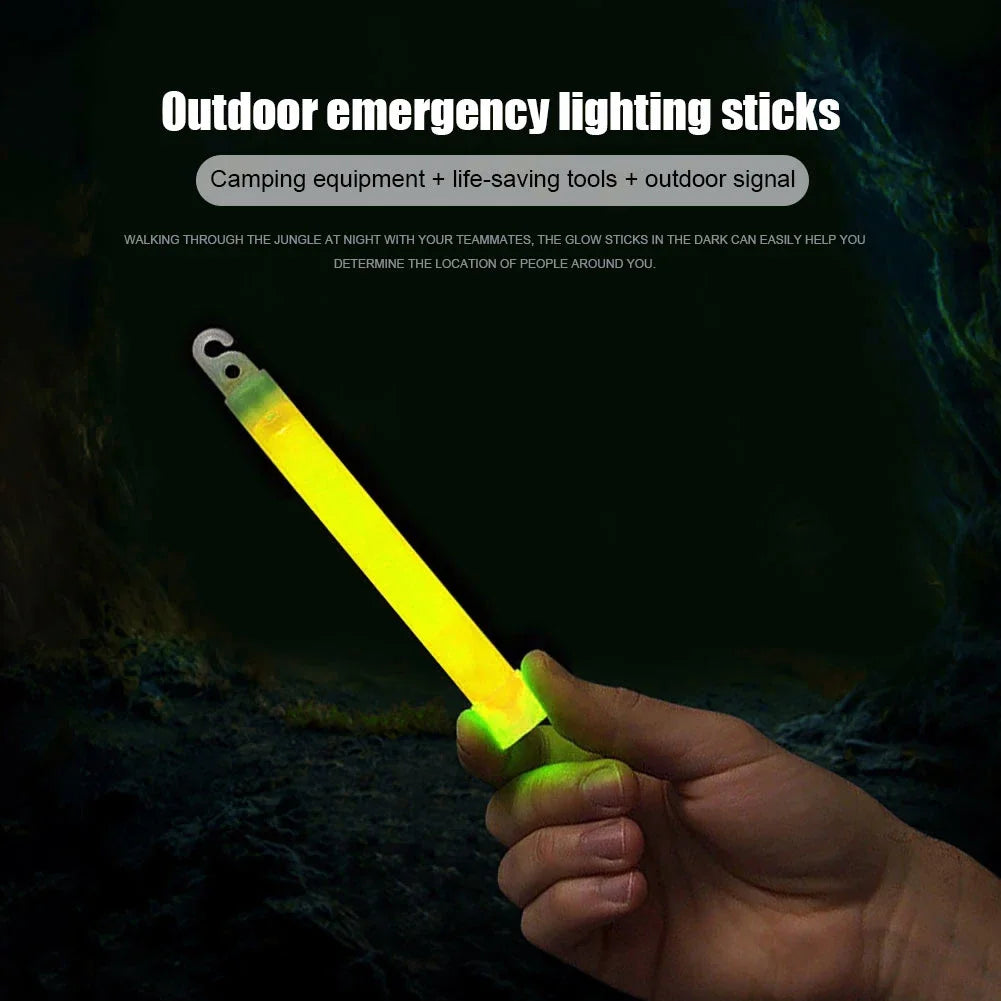 Yellow glow stick illuminating in hand. Ideal for camping, hiking, or emergency situations.