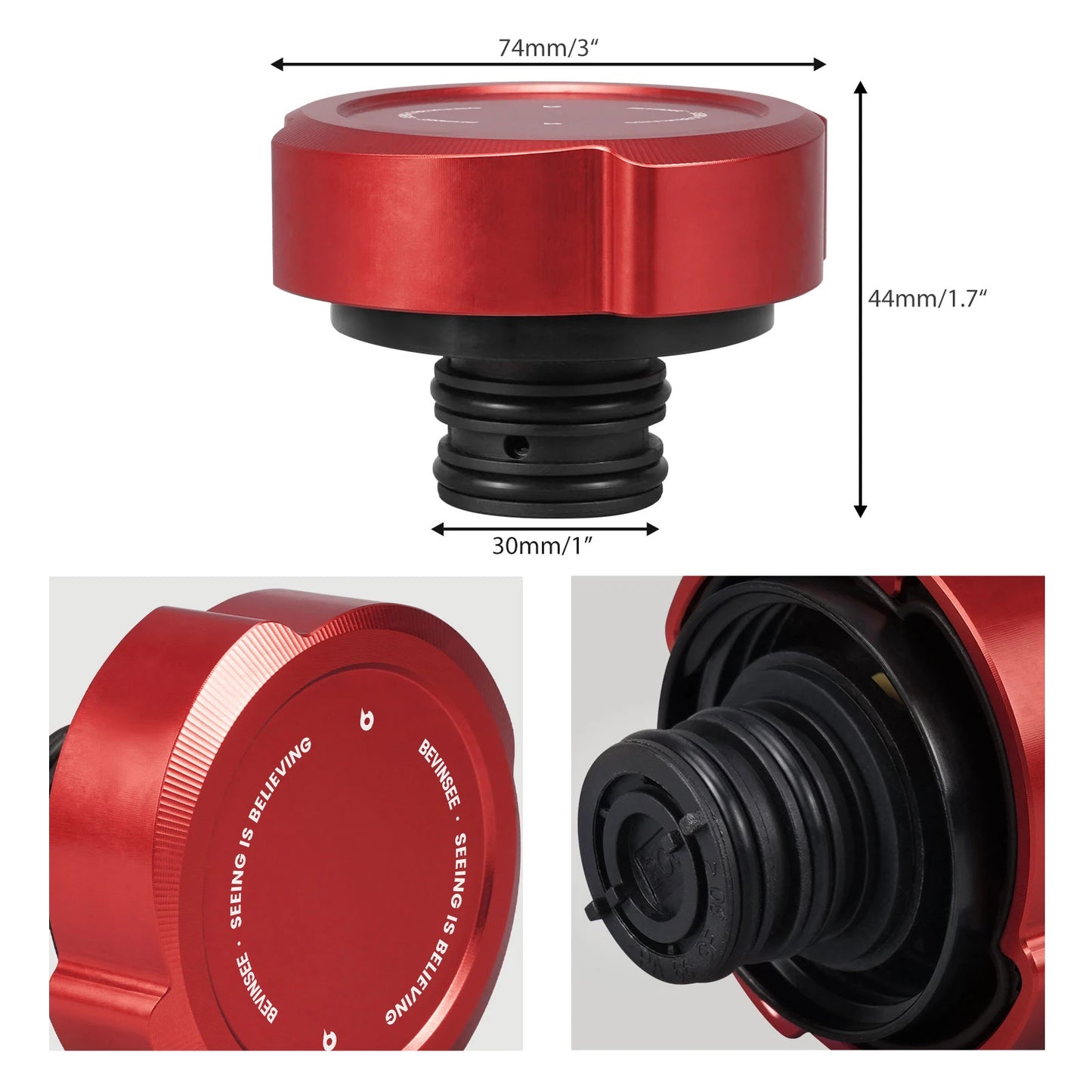 "Red push-button cap for BMW E46 E36 CNC Aluminum Coolant Expansion Tank."