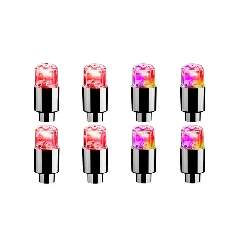 '4pc set: LED valve cap lights for car, bike, or truck. Fits trailers too. Colorful upgrade for wheels.'