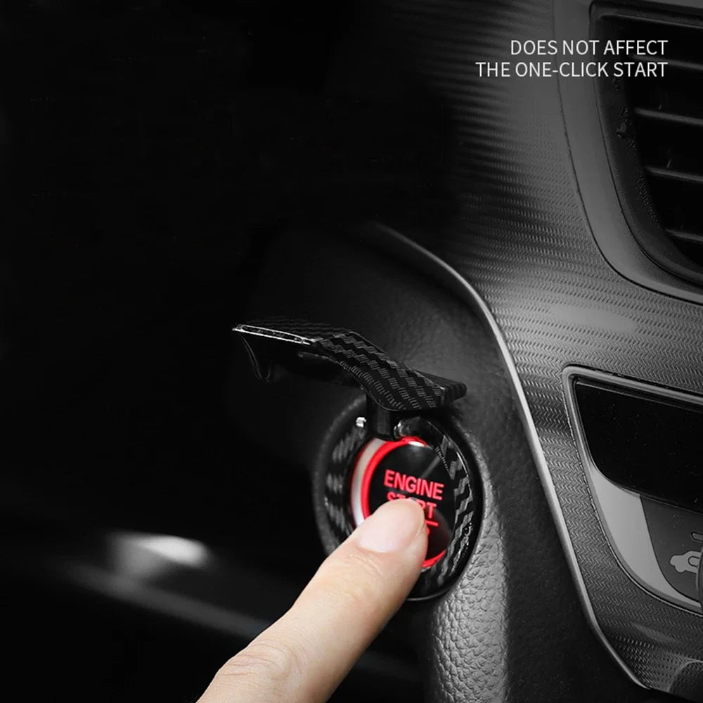 'Decorative button cover for engine start/stop switch in car interior.' Keep it descriptive and clean.
