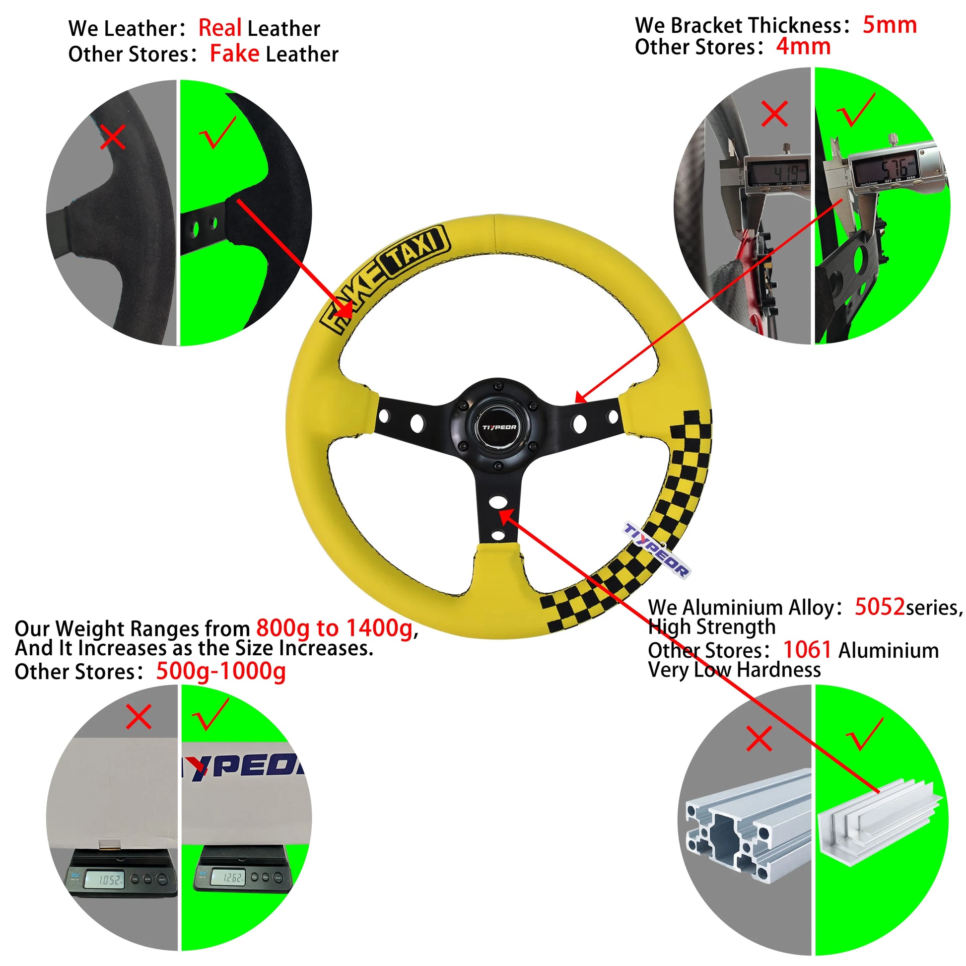 'Japanese-style 13" embroidered steering wheel in yellow/black leather. Fits front-drive models.'