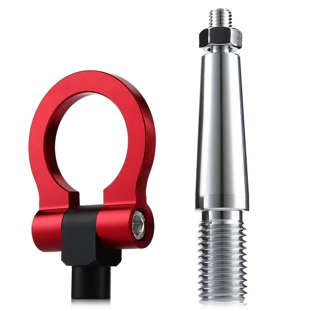 Red and black R-EP style tow hook with screw attachment for front or rear bumper.