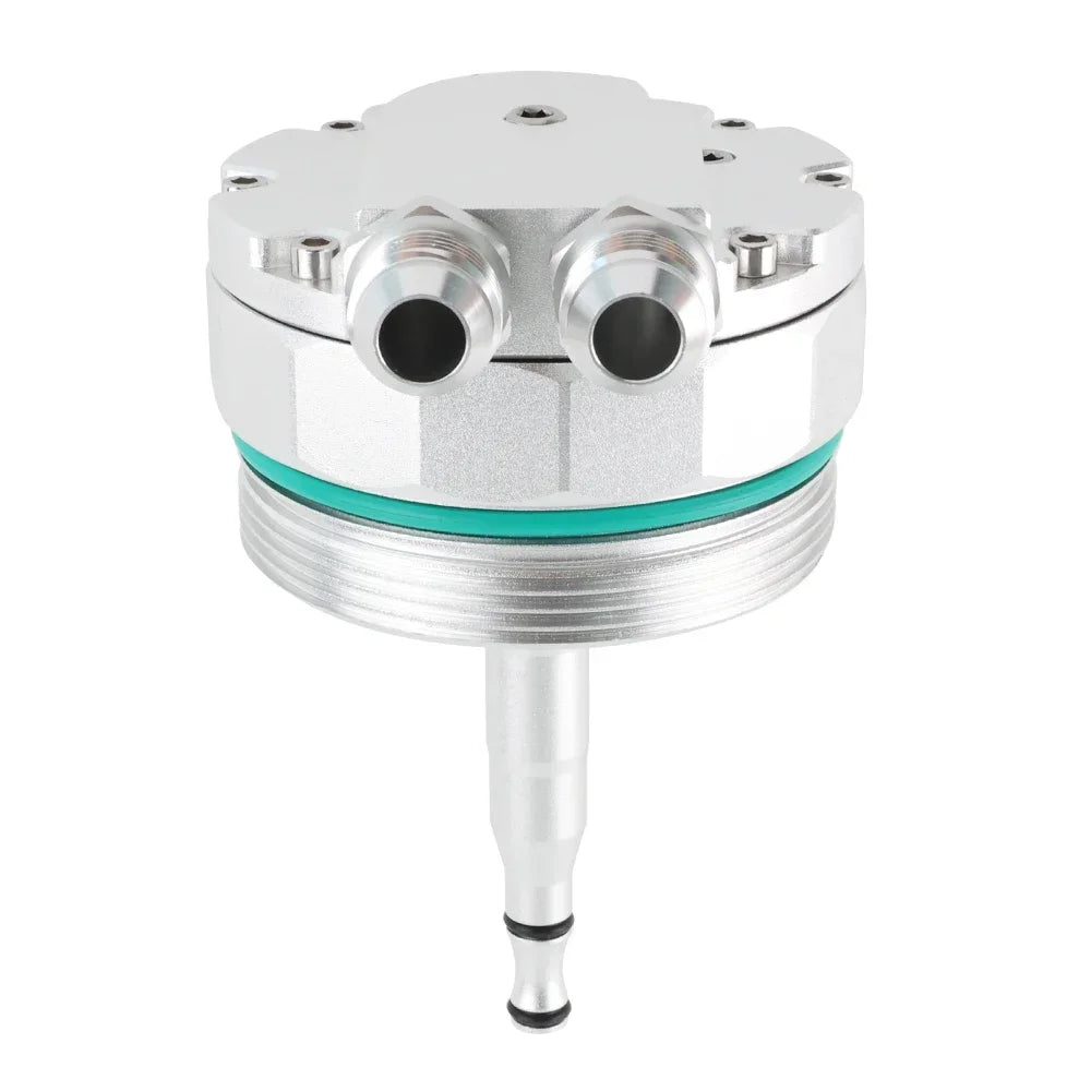 Silver-green oil filter cap with cooler ports on a white background for BMW M52/M54 E46, E36, Z4, and E39 engines.