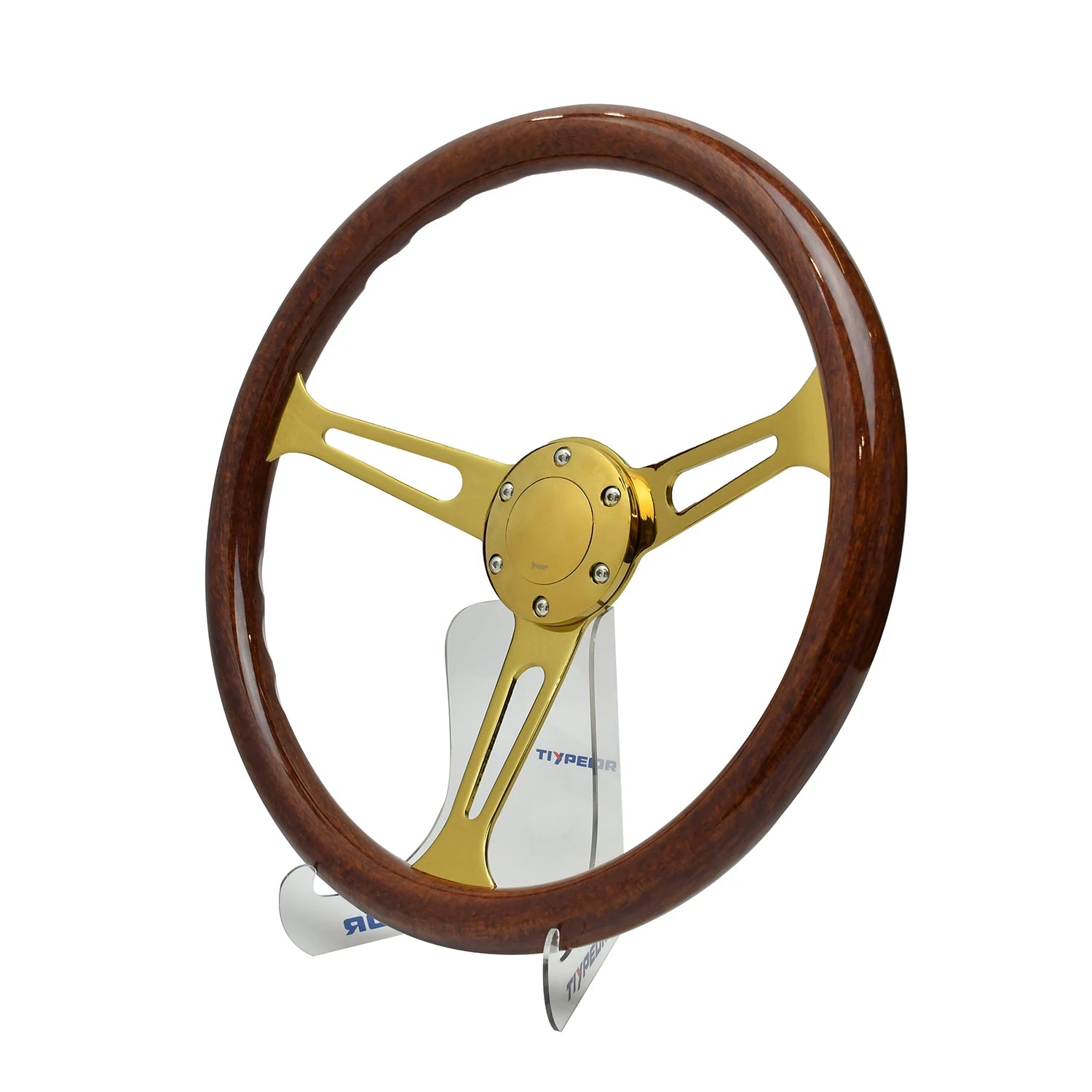 Gold-plated custom bracket with wood/brass double spokes on retro car steering wheel. Premium upgrade accessory.