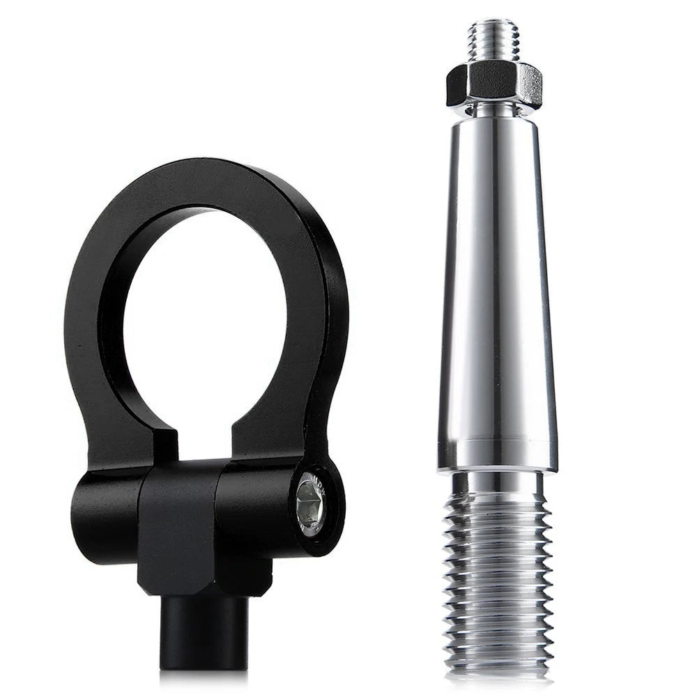 "Black and silver screw-on tow hook with metal handle for front or rear bumper use."