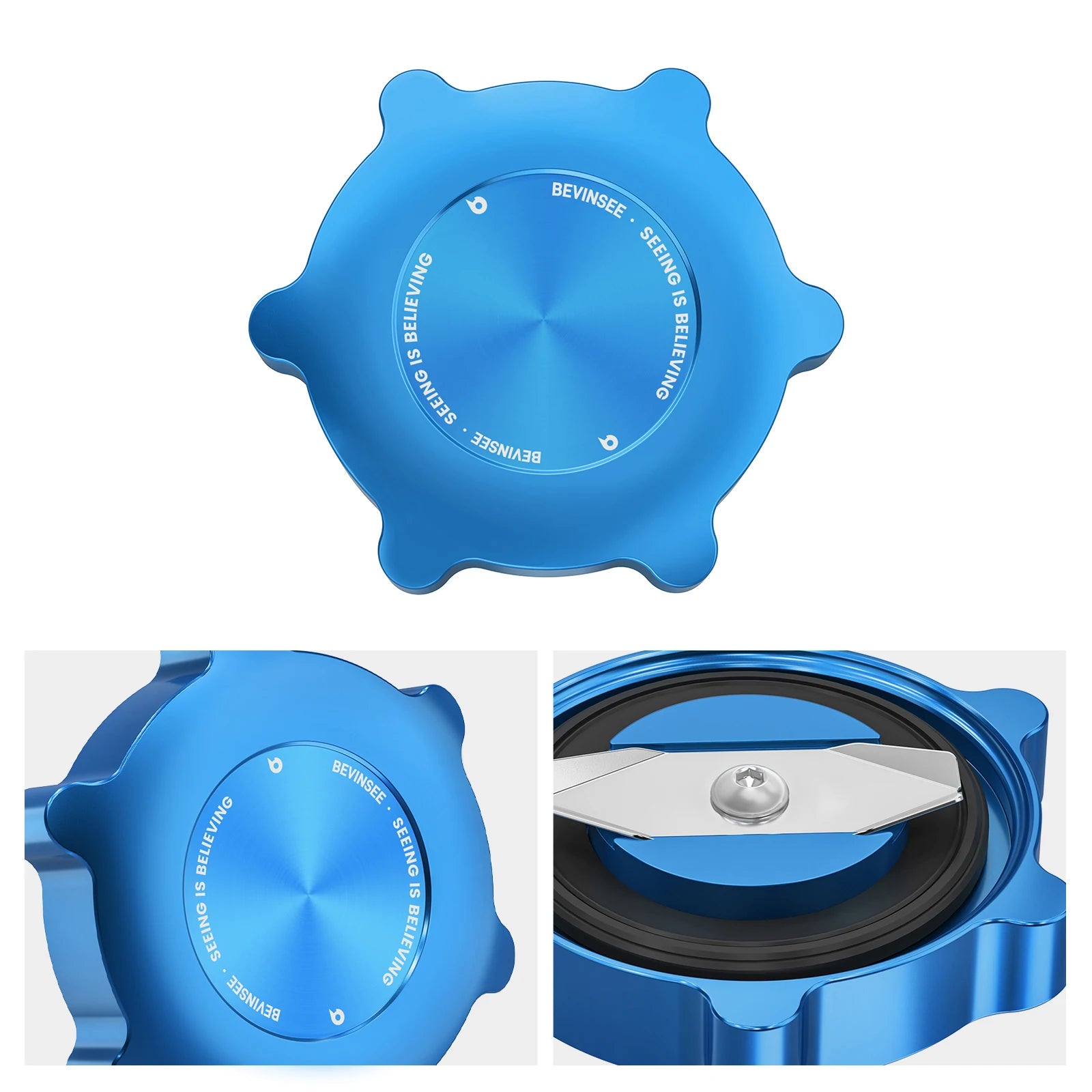 "Aluminum engine cover oil filler cap for BMW E46 E36 E39 X5 models. Blue cap with white markings on a black background."