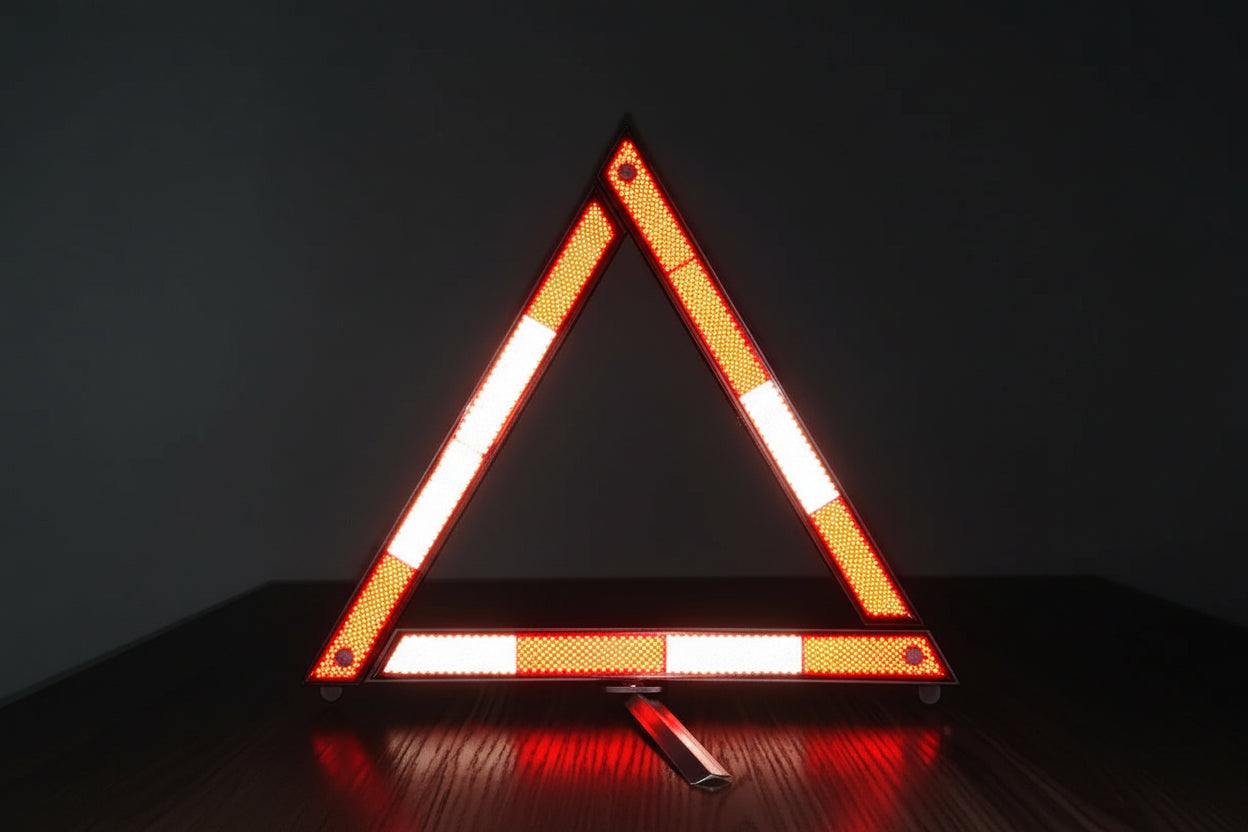 Red triangle reflective emergency light (9 x 9 x 3.5 cm, foldable). Ideal for roadside visibility. Safe car prep must-have.