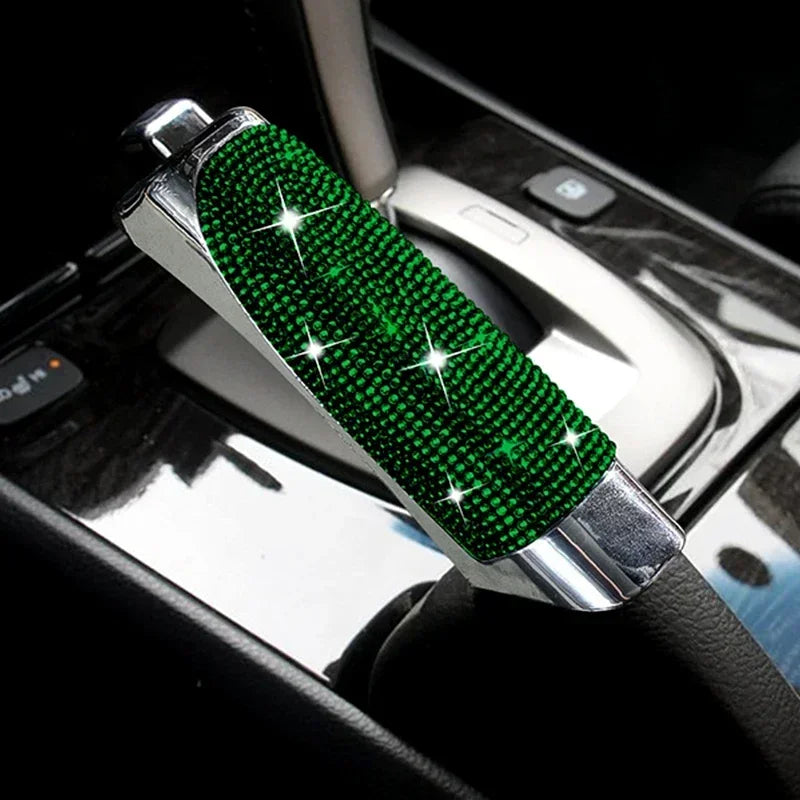 Universal fit Diamond handbrake cover in black and white stripe design. (Note: This accessory enhances a green car's interior