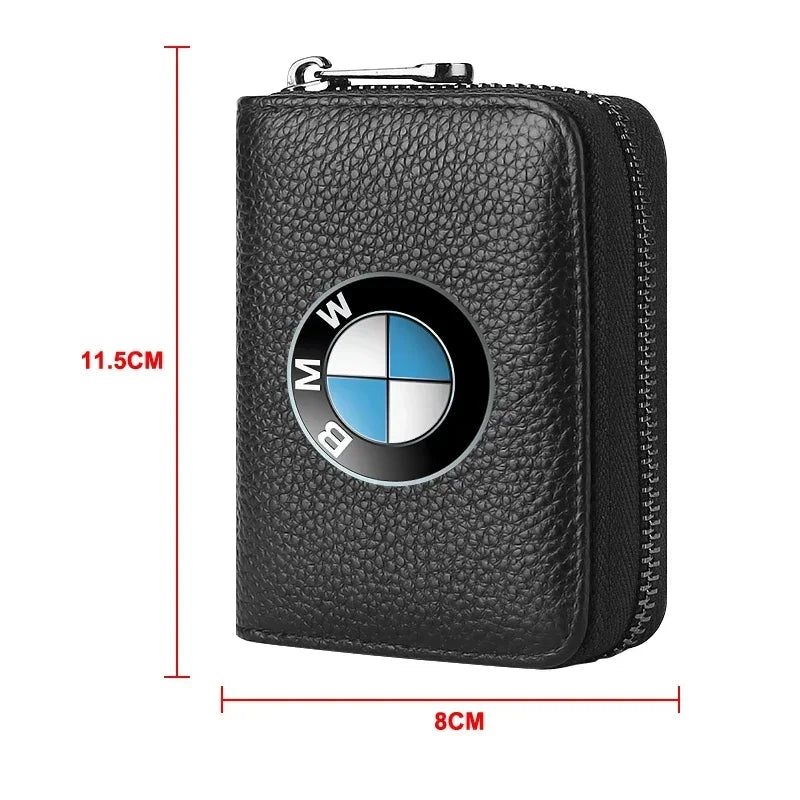 "BMW leather wallet for E36, E39, and E46 models. Holds cards and license. No brand mention for iPhone compatibility."