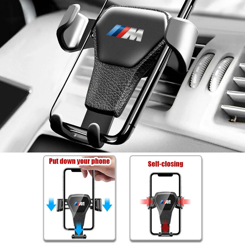 "BMW-compatible car phone mount for various models: E46, E36, E90, F30, F10. Universal design ensures secure phone holding."
