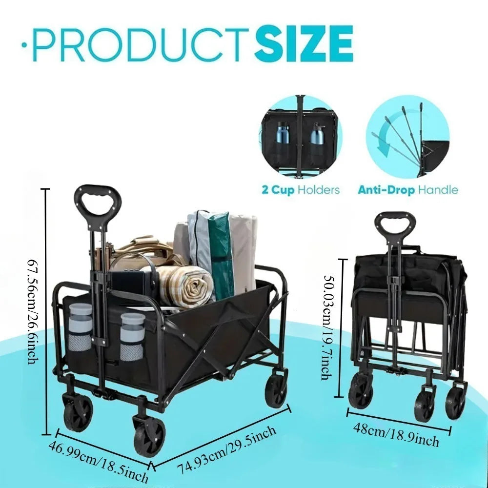 'Black/Blue folding wagon cart with large capacity. All-terrain, heavy-duty build. Ideal for outdoor events or gear transport