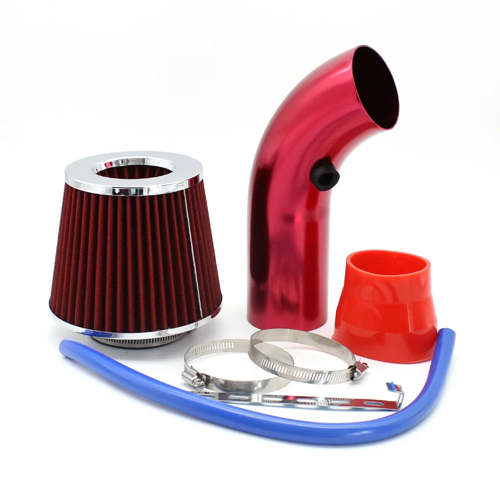 Red-blue 76mm cold air intake kit: Mushroom filter connected to alloy pipe.